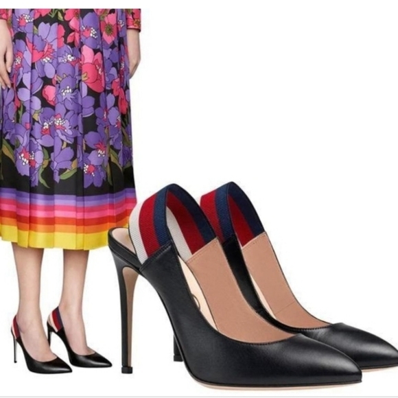 Gucci Shoes - NWOT GUCCI Sylvie 75 Black Leather Red Slingback Strap Sandal Mule Heel Pump37.5